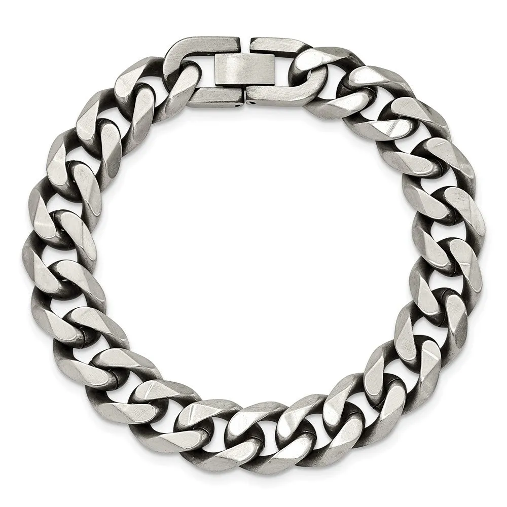 13mm Stainless Steel Antiqued Beveled Curb Chain Bracelet, 8.5 Inch