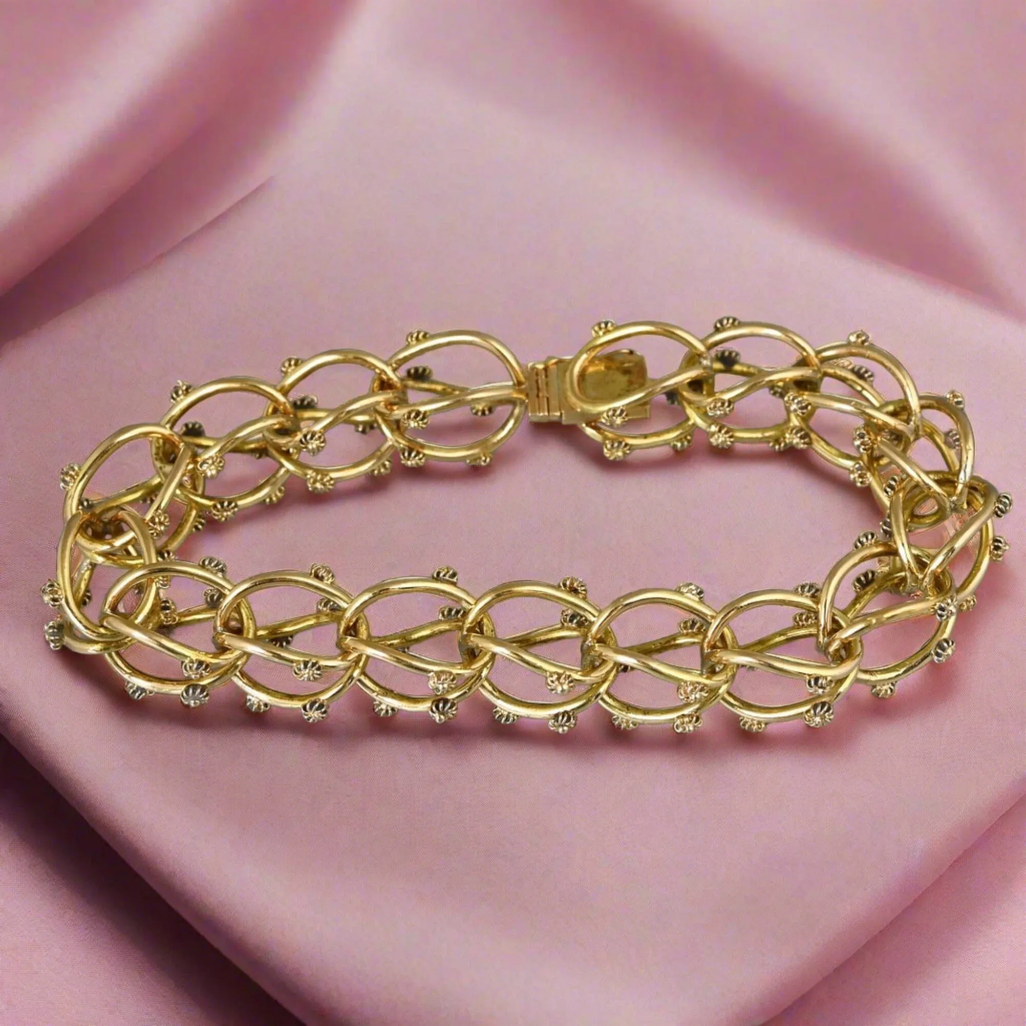 18K Solid Gold Cannetille Flower Etruscan Bracelet, 39.5 gms