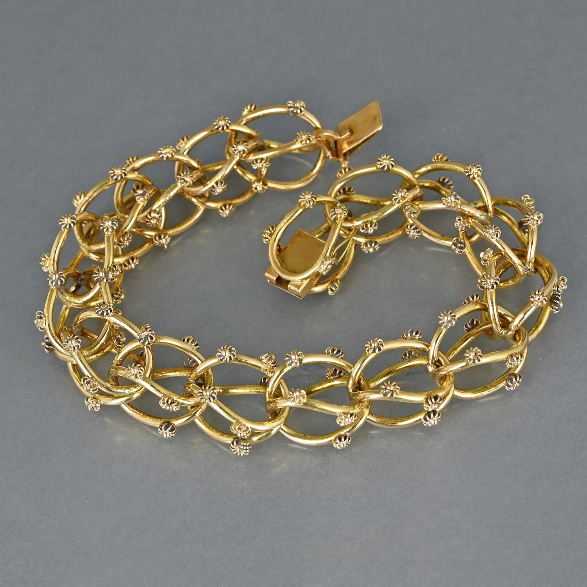 18K Solid Gold Cannetille Flower Etruscan Bracelet, 39.5 gms