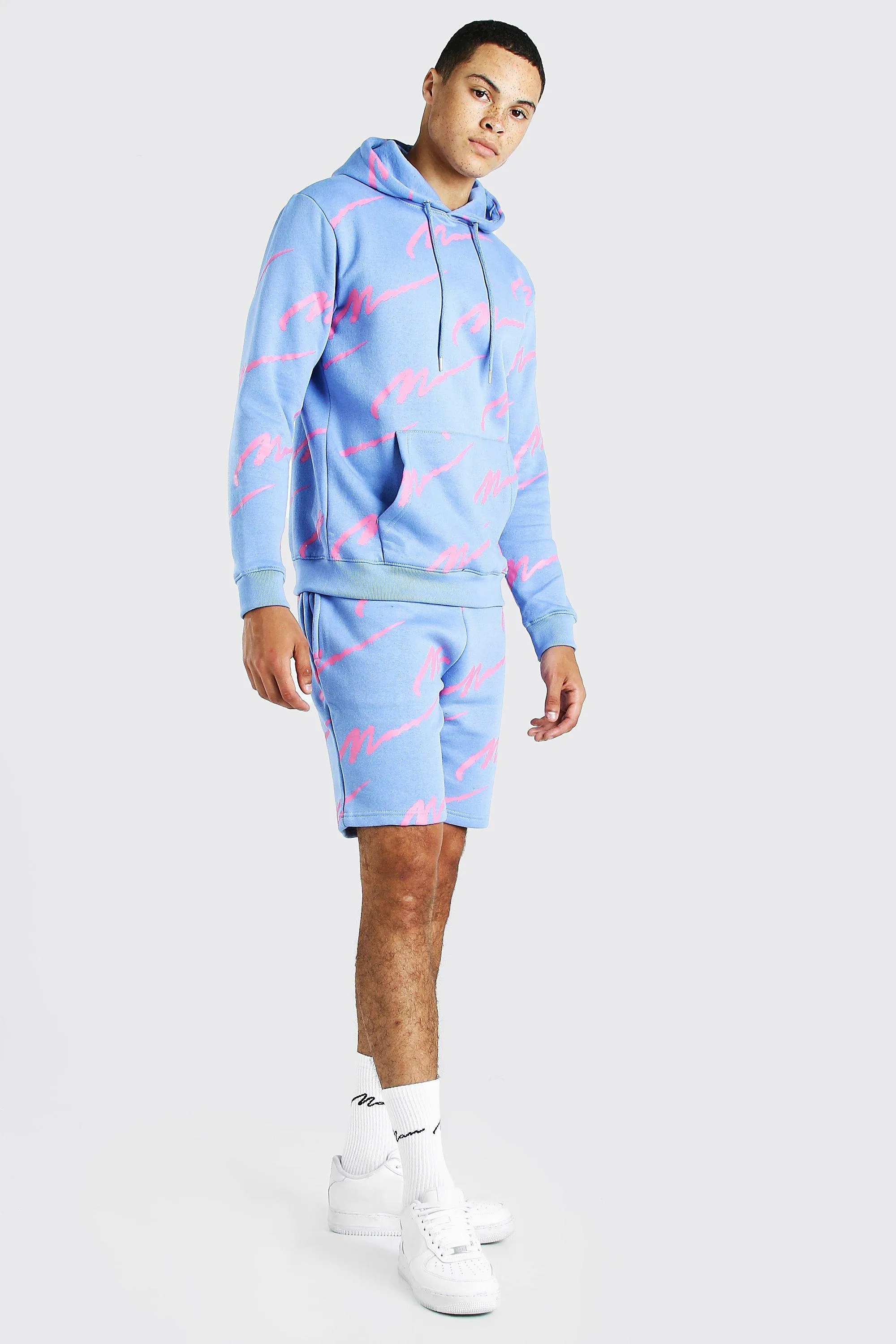 All Over MAN Printed Hooded Short Tracksuit | boohooMAN UK