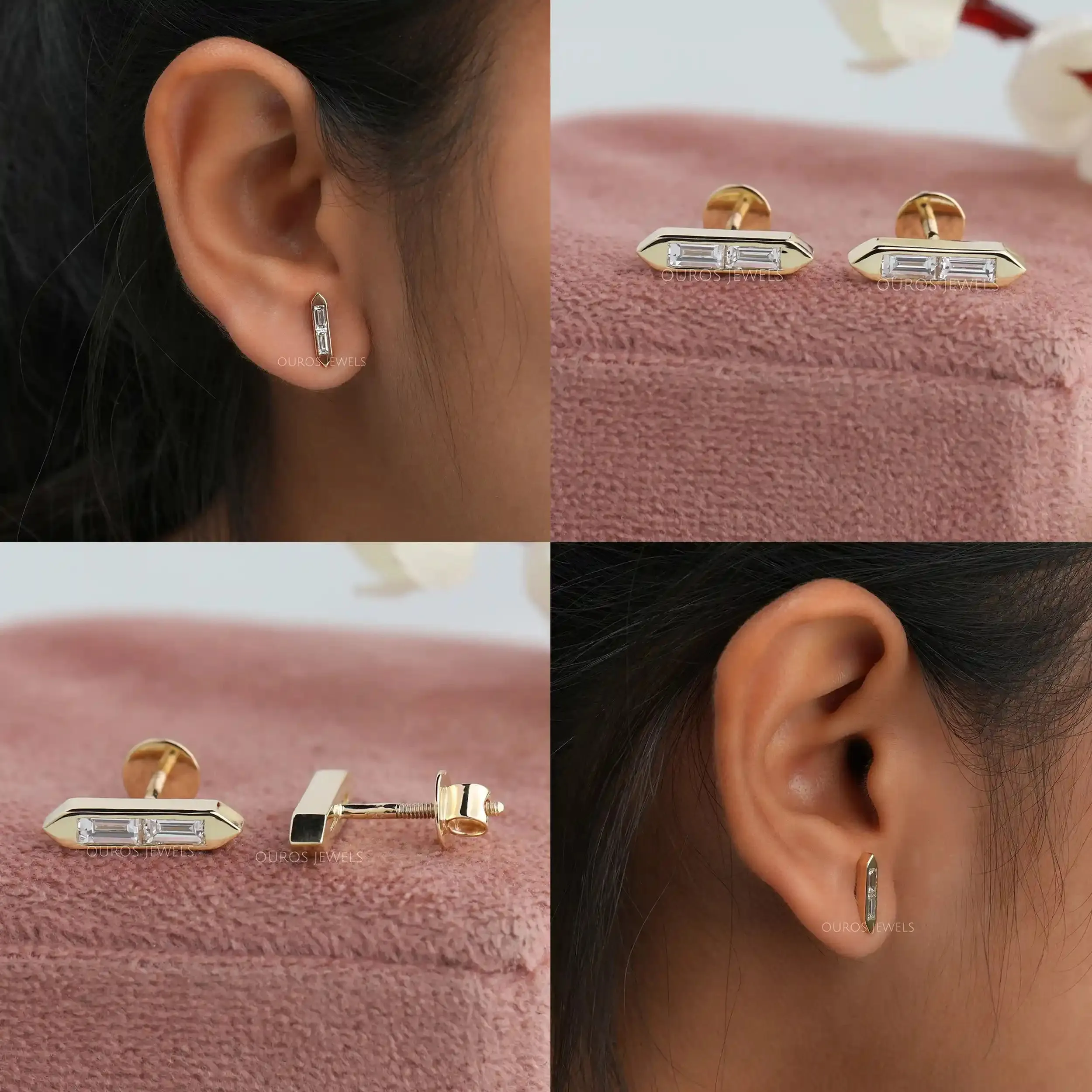 Baguette Cut Lab Grown Diamond Bar Stud Earrings