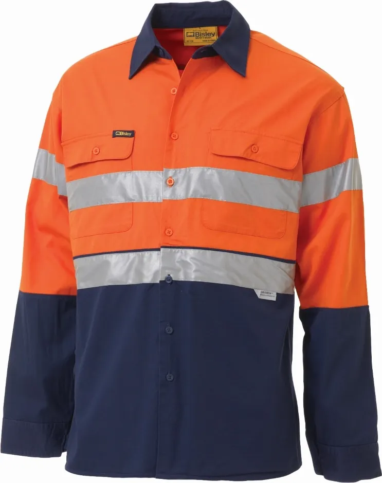 Bisley Workwear BS6896 Two Tone Hi-Visibility Long Sleeve Shirt - Drill - Cotton - Cool Reflective Tape - Men - Orange/Navy - XS