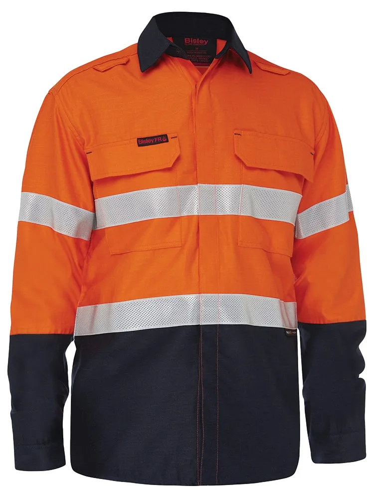 Bisley Workwear BS8438T Apex 185 - Taped Hi-Vis FR PPE2 - Ripstop Vented Shirt - Orange/Navy - XS