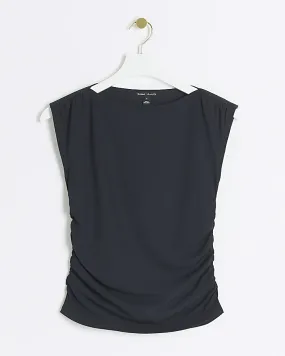 Black ribbed ruched side vest top