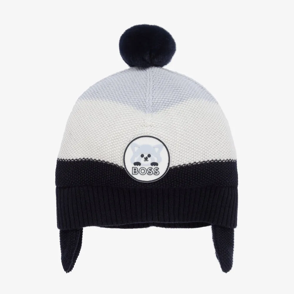 Boys Blue Striped Knit Pom-Pom Hat