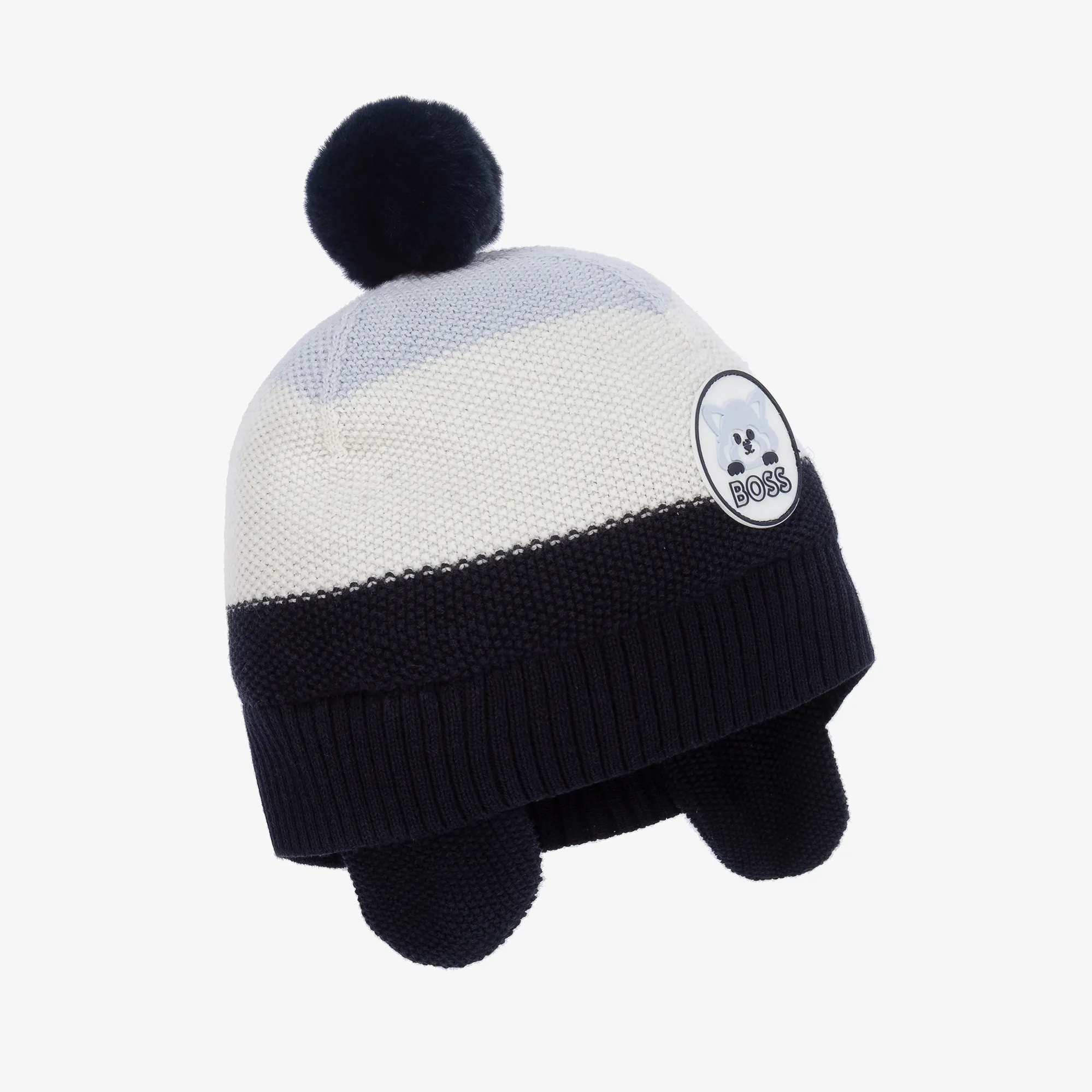 Boys Blue Striped Knit Pom-Pom Hat