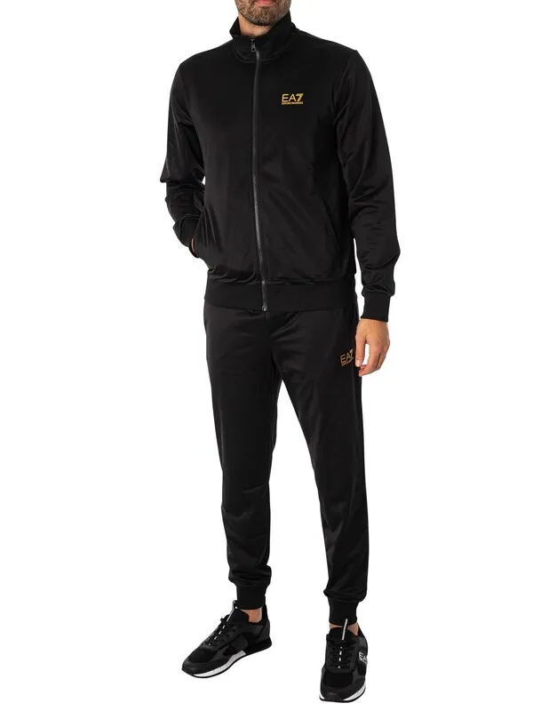 EA7 Funnel Neck Zip Tracksuit - Black/Gold