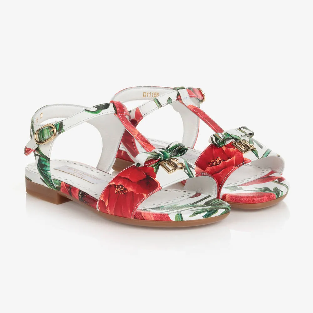 Girls White & Red Poppy T-Bar Sandals