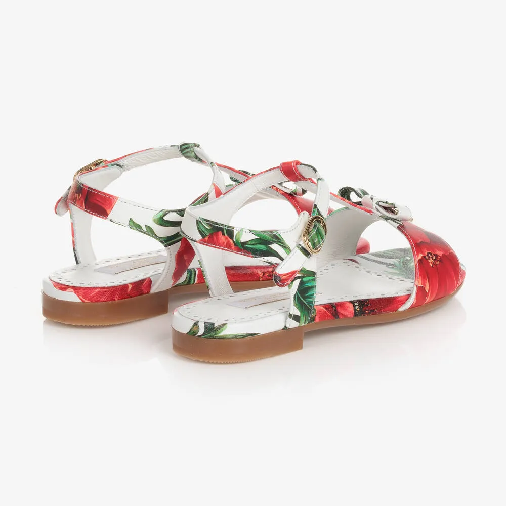 Girls White & Red Poppy T-Bar Sandals