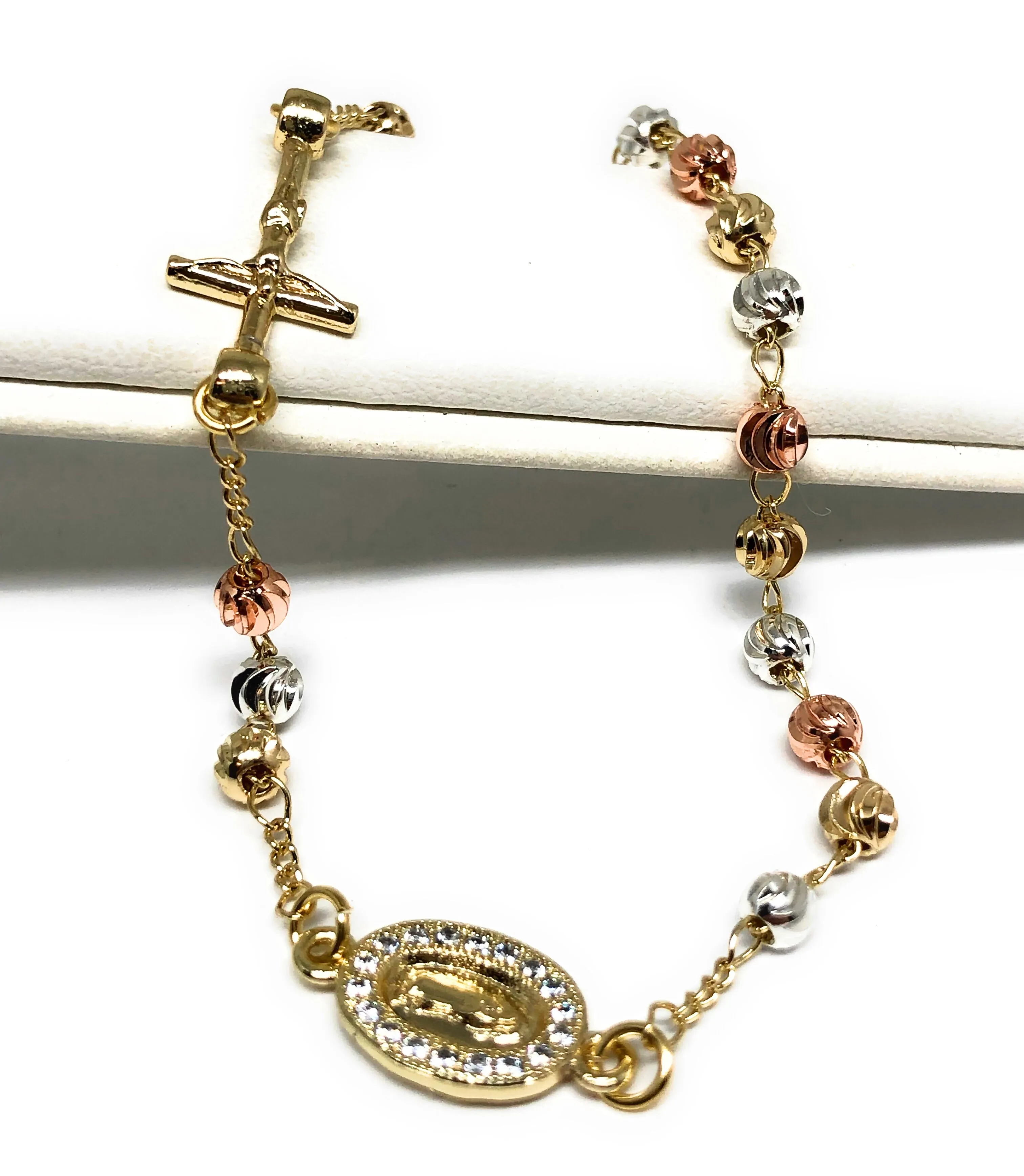 Gold Plated Tri-Color Virgin Mary Bracelet Virgen De Guadalupe Pulsera Tres Colores 8”