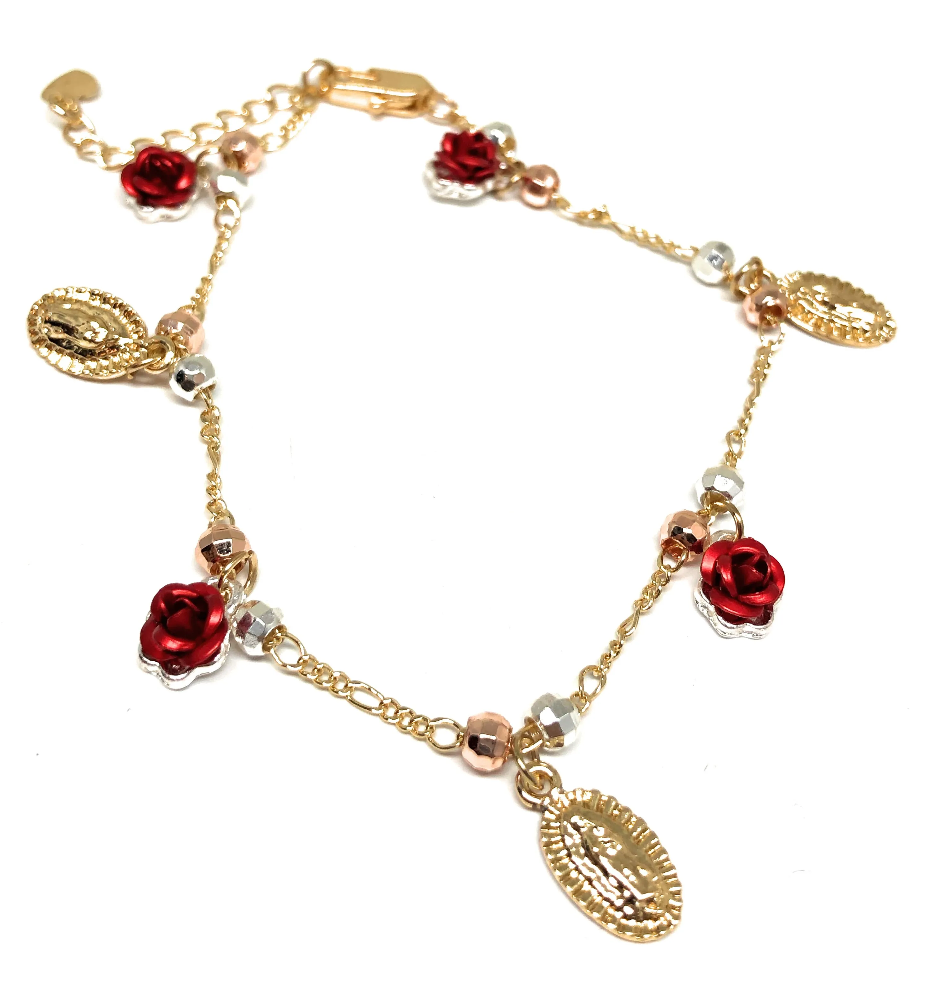 Gold Plated Virgin Mary Virgen Guadalupe Rose Tri-Color Bracelet 9”