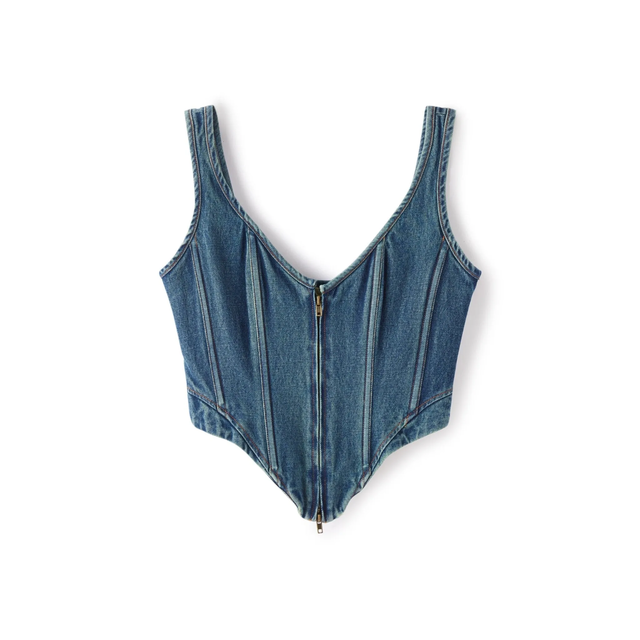 Herringbone Zipper Washed Denim Vest-