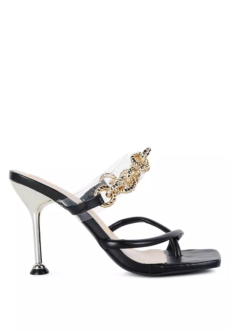 London Rag Black Diamante Strap Heeled Sandals