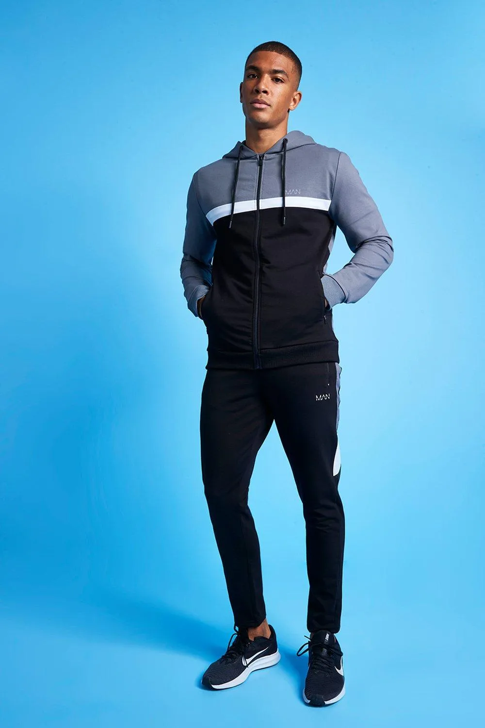 MAN Active Colour Blocked Hooded Zip Tracksuit | boohooMAN UK