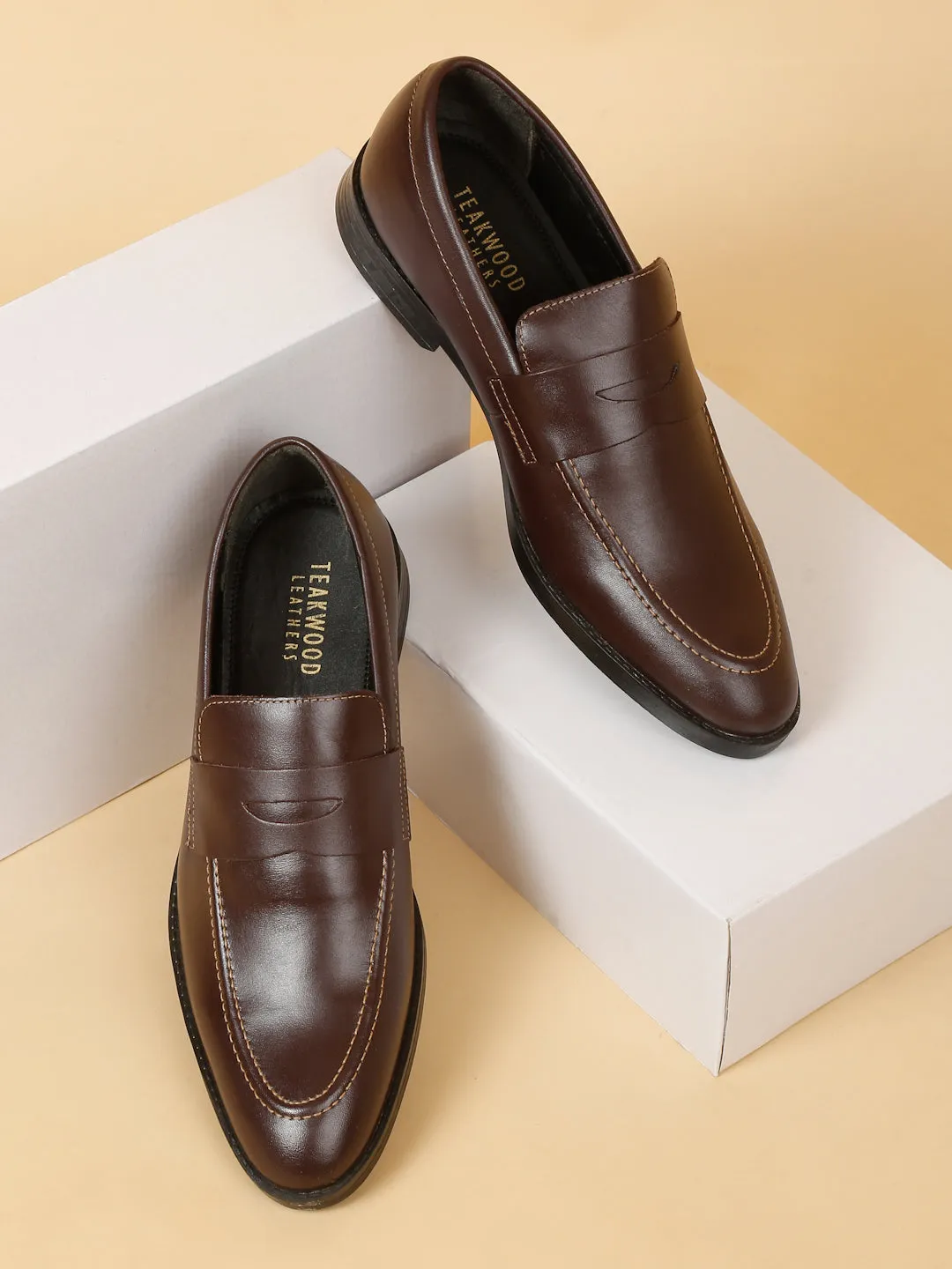 Men Brown Solid Leather Slip-On Formal Shoes