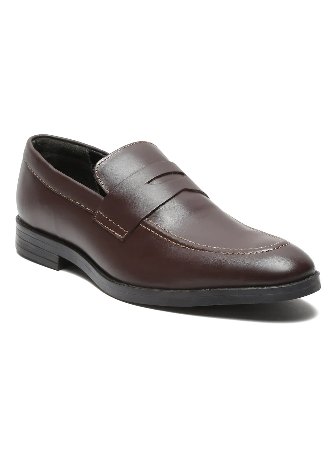 Men Brown Solid Leather Slip-On Formal Shoes