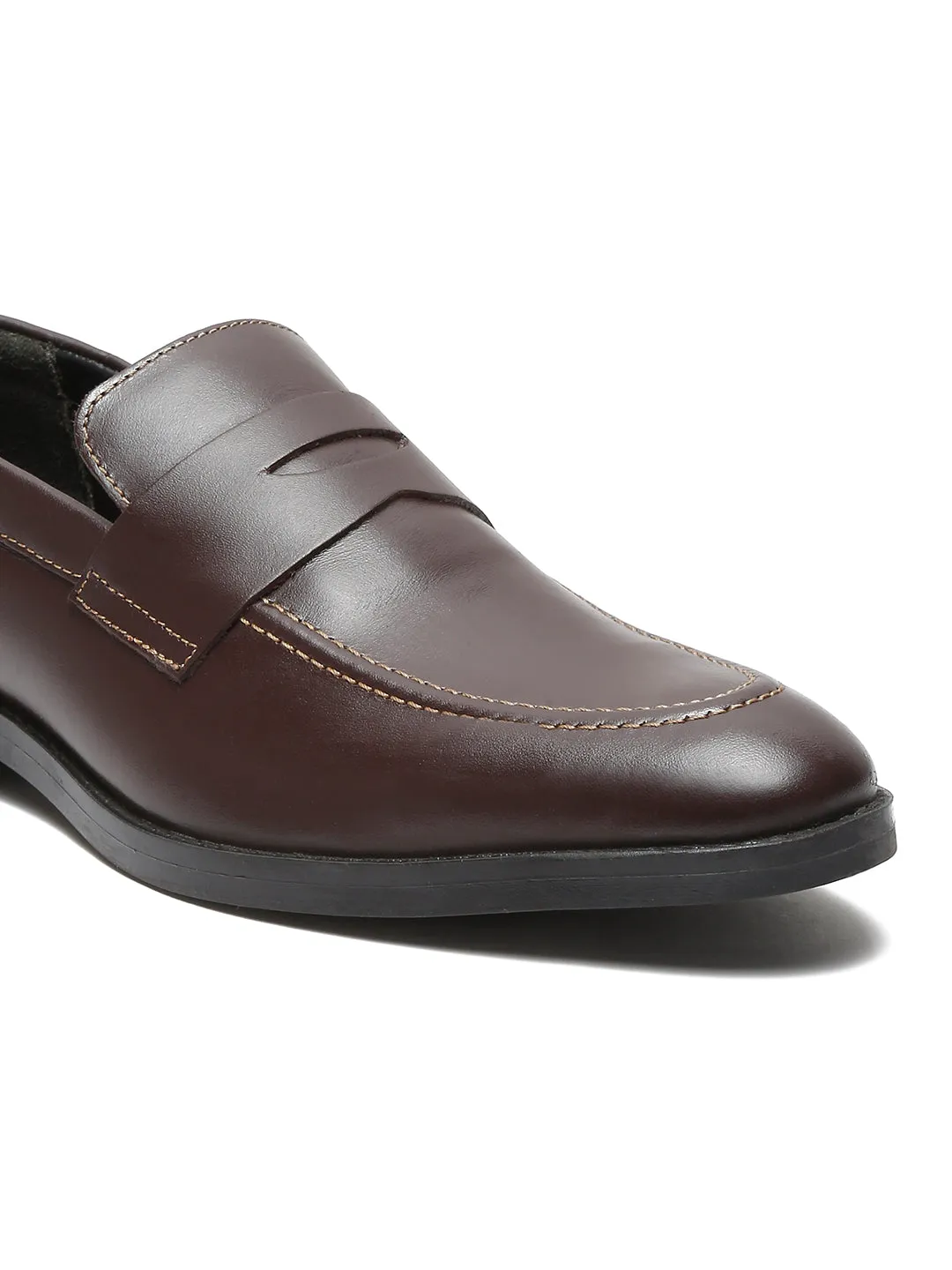 Men Brown Solid Leather Slip-On Formal Shoes