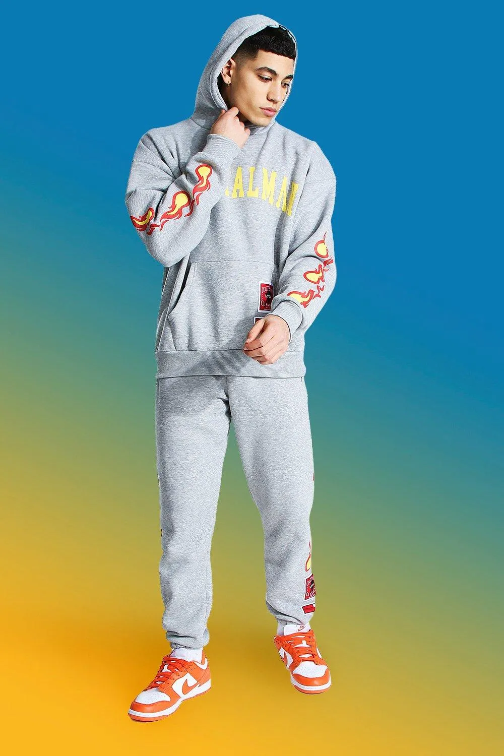 Official Man Hooded Tracksuit With Fire Print | boohooMAN UK