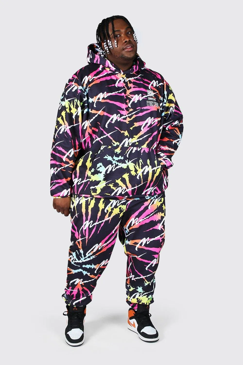 Plus All Over Man Tie Dye Hooded Tracksuit | boohooMAN UK