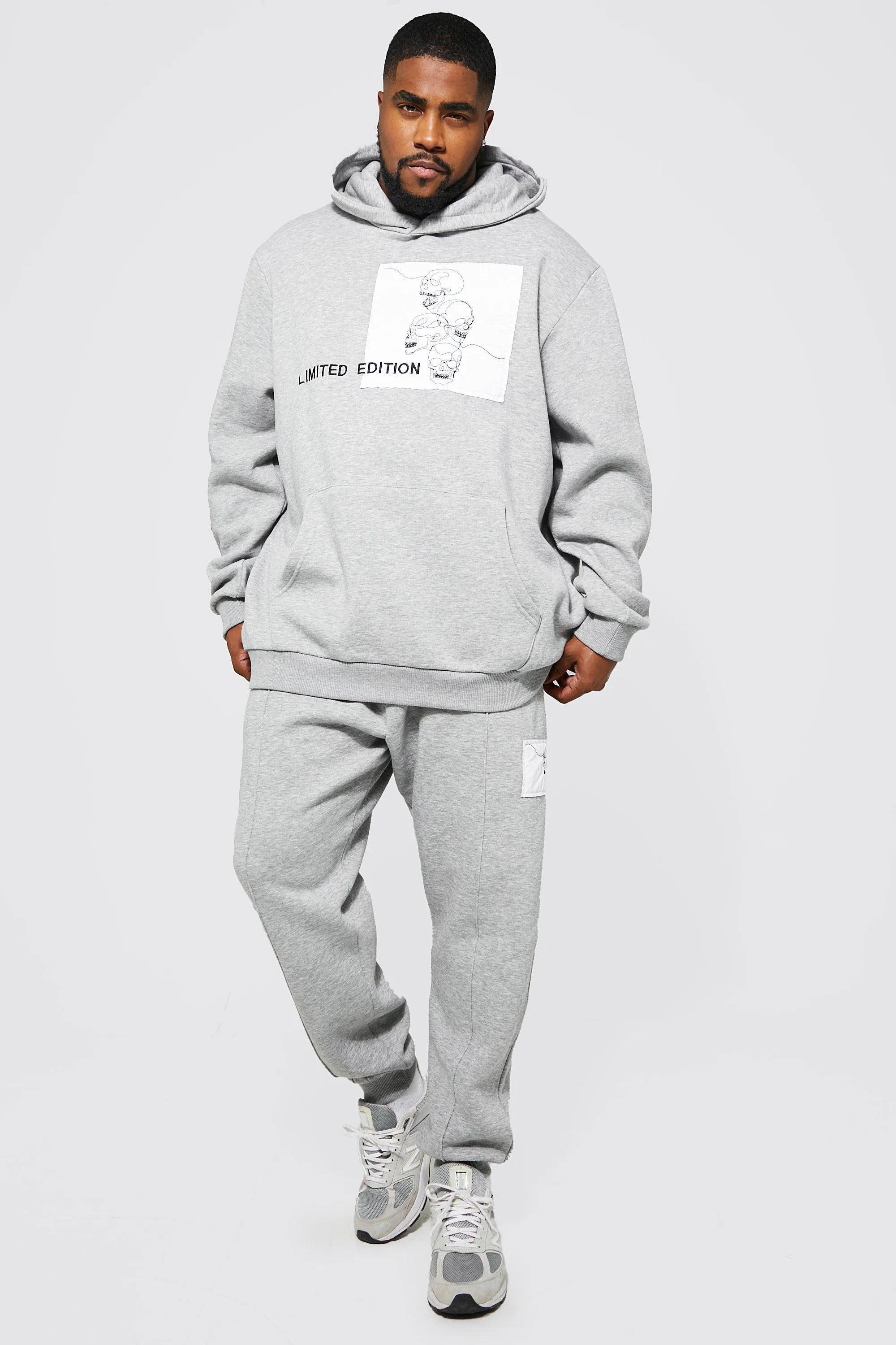 Plus Skeleton Line Drawing Patch Tracksuit | boohooMAN UK