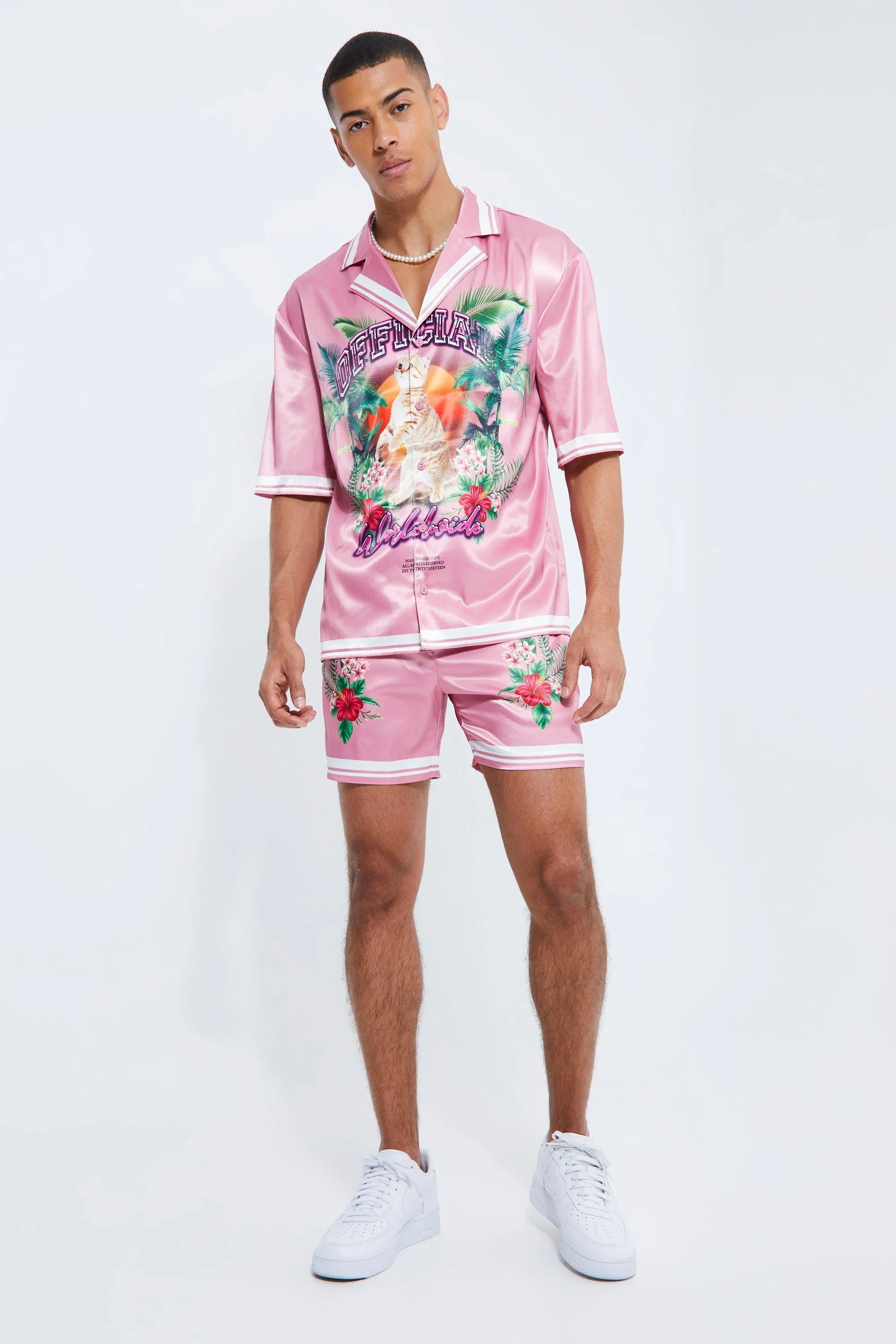 Short Sleeve Revere Worldwide Satin Short Set | boohooMAN UK