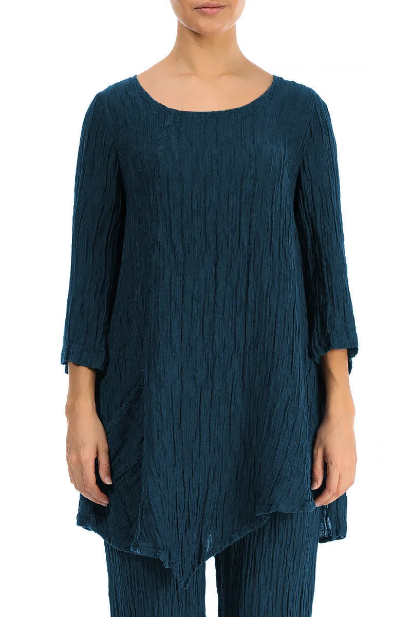 Side Pocket Crinkled Navy Silk Tunic