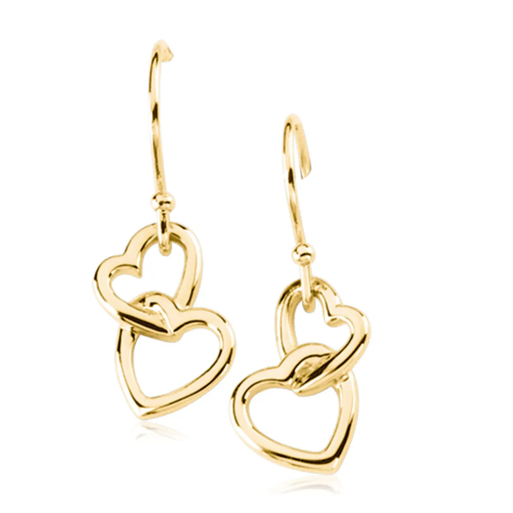 Two Heart Earrings, 14k Yellow Gold