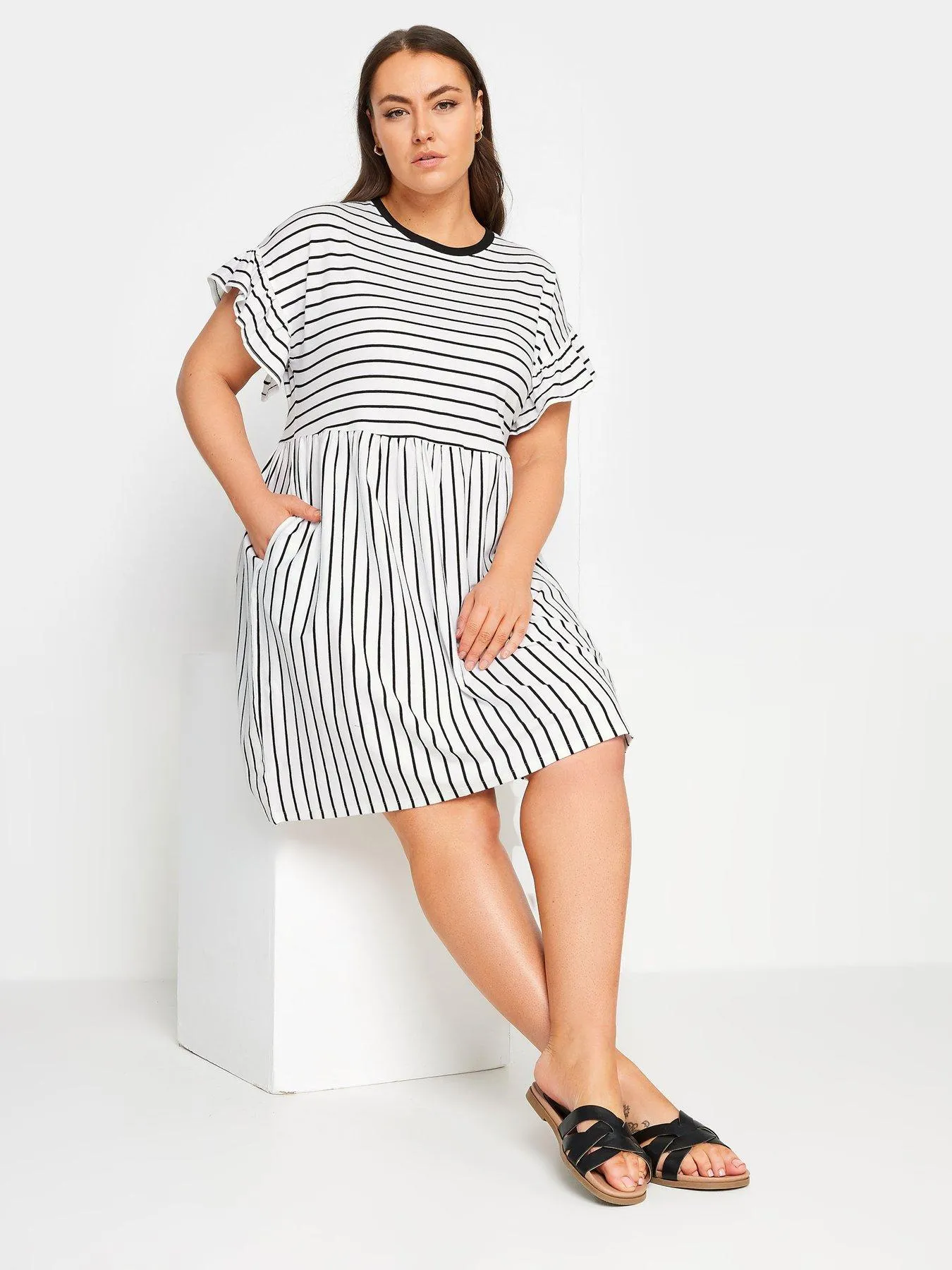 Yours Curve Frill Sleeve Smock Tunic White Base Black Stripe