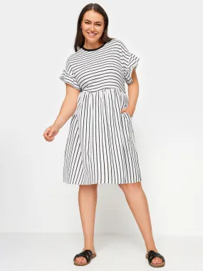 Yours Curve Frill Sleeve Smock Tunic White Base Black Stripe