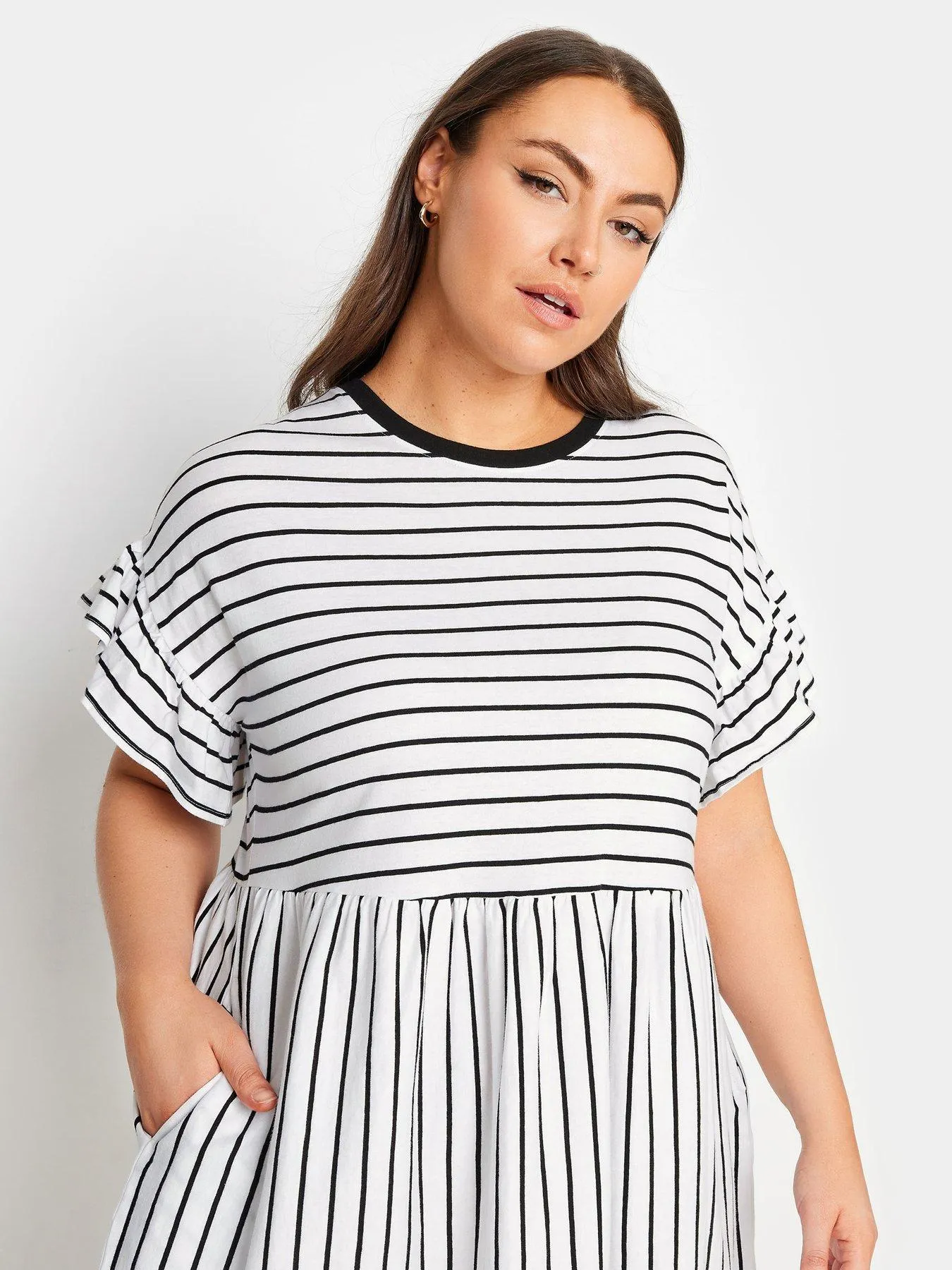 Yours Curve Frill Sleeve Smock Tunic White Base Black Stripe